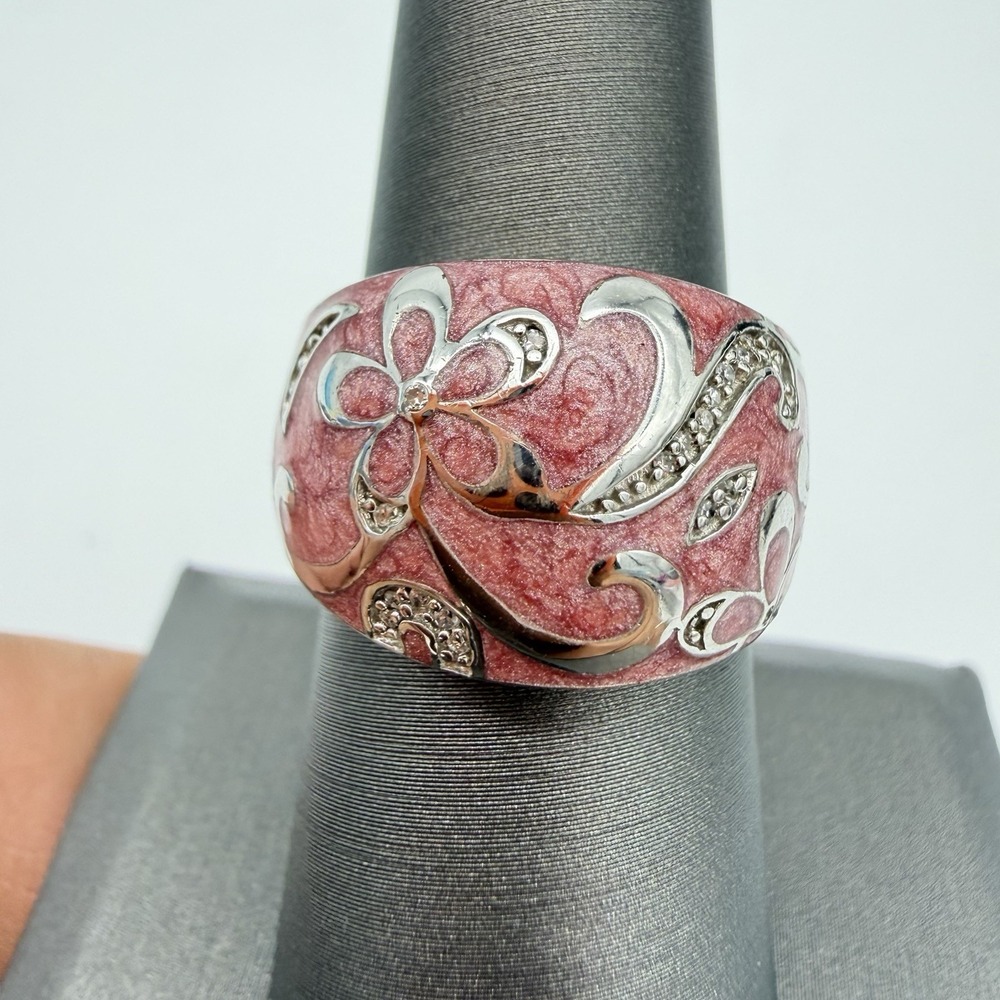 Vtg QVC Designer JWBR Sterling Silver Diamond Ring Floral Pink Enamel Sz7.25